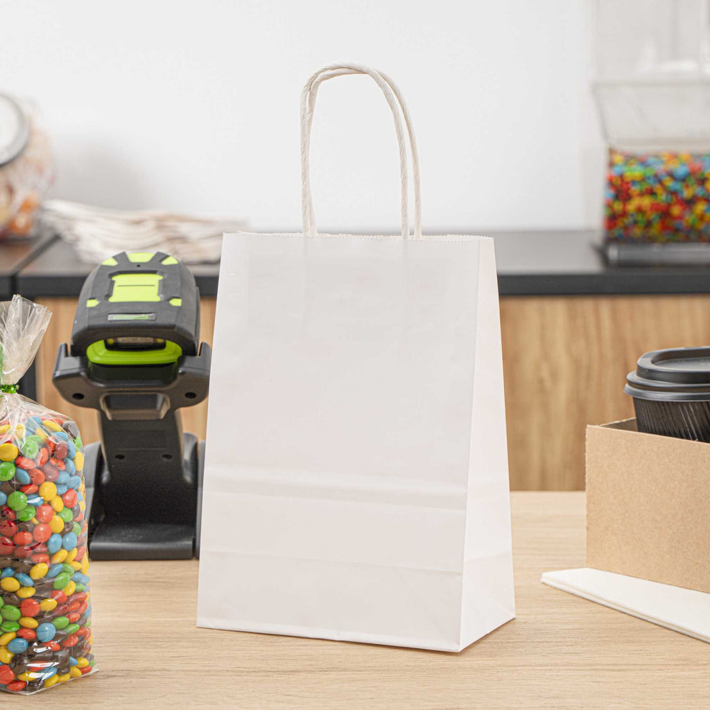 Saving Nature White Paper Small Retail Bag - with Handles - 6" x 3 1/4" x 8 1/4" - 100 count box