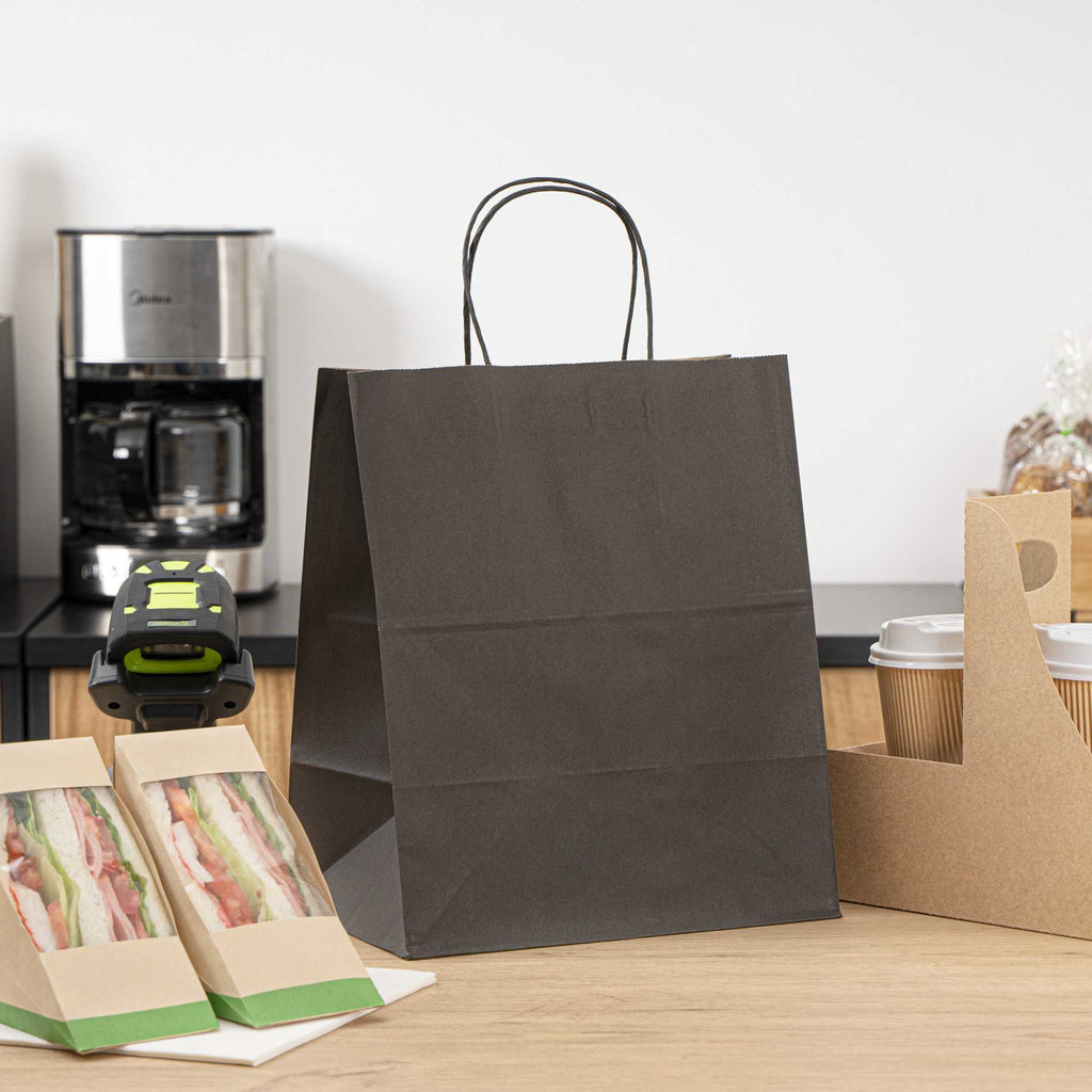 Saving Nature Black Paper Medium Retail Bag - with Handles - 10" x 6 3/4" x 12" - 100 count box