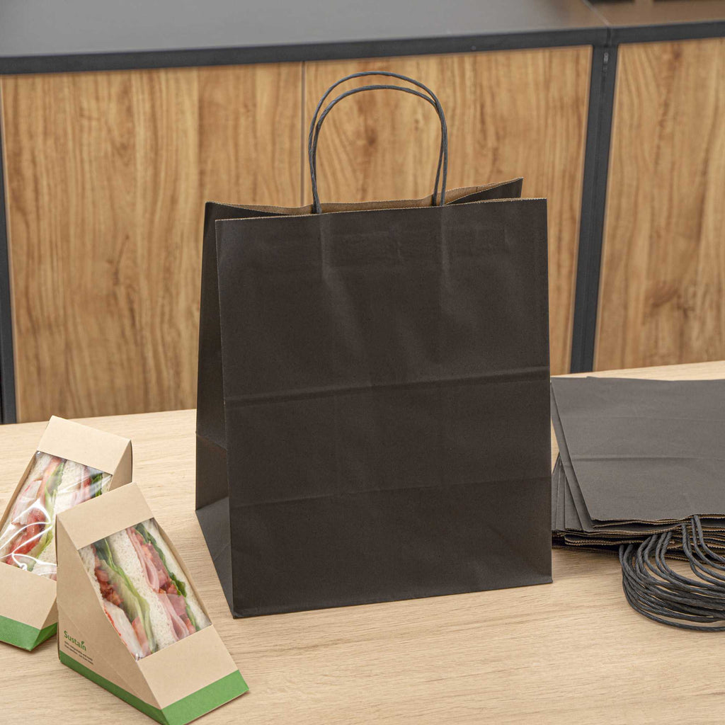 Saving Nature Black Paper Medium Retail Bag - with Handles - 10" x 6 3/4" x 12" - 100 count box