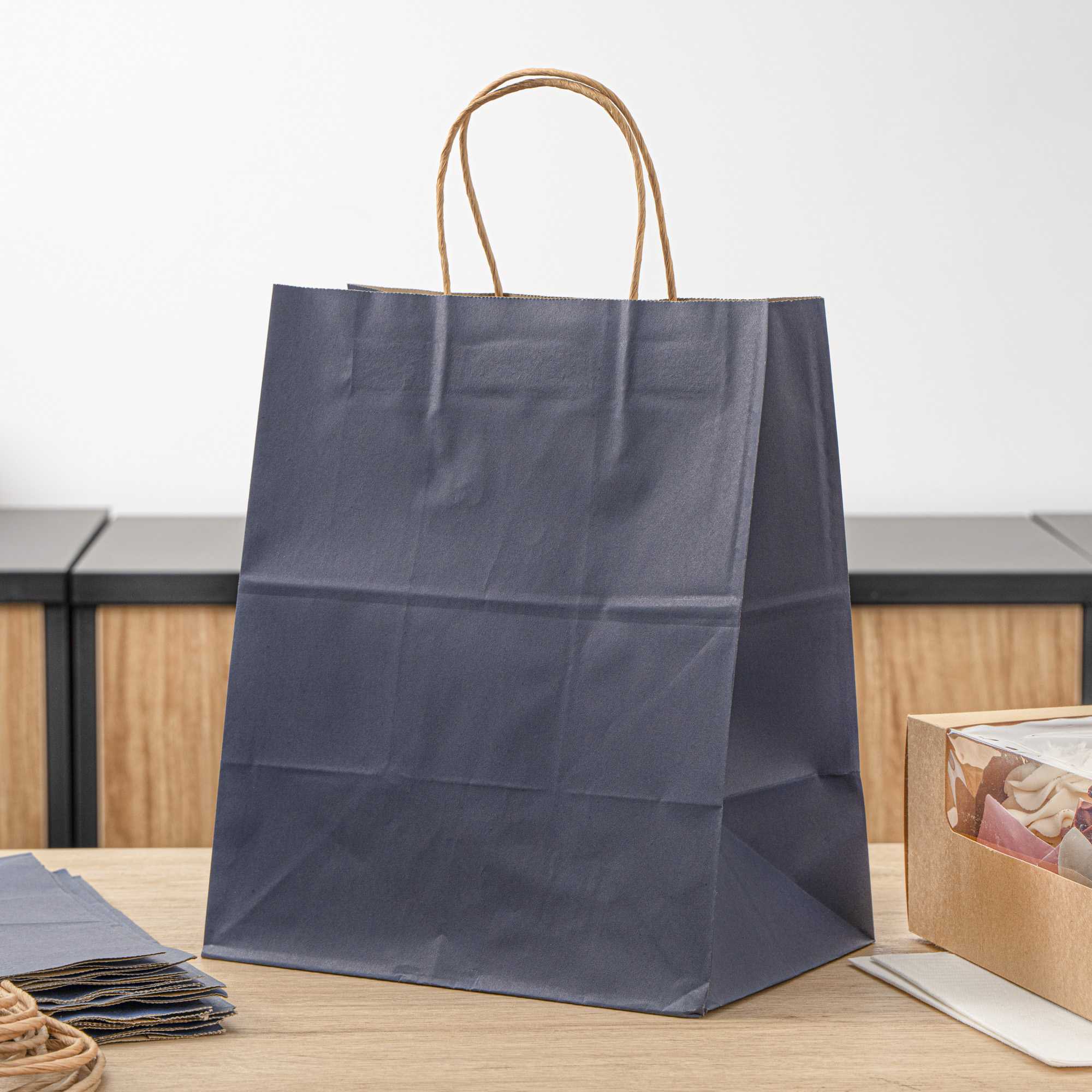 Saving Nature Dark Blue Paper Medium Retail Bag - with Handles - 10" x 6 3/4" x 12" - 100 count box