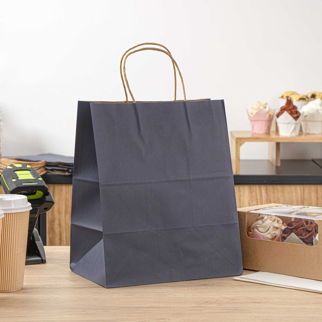 Saving Nature Dark Blue Paper Medium Retail Bag - with Handles - 10" x 6 3/4" x 12" - 100 count box