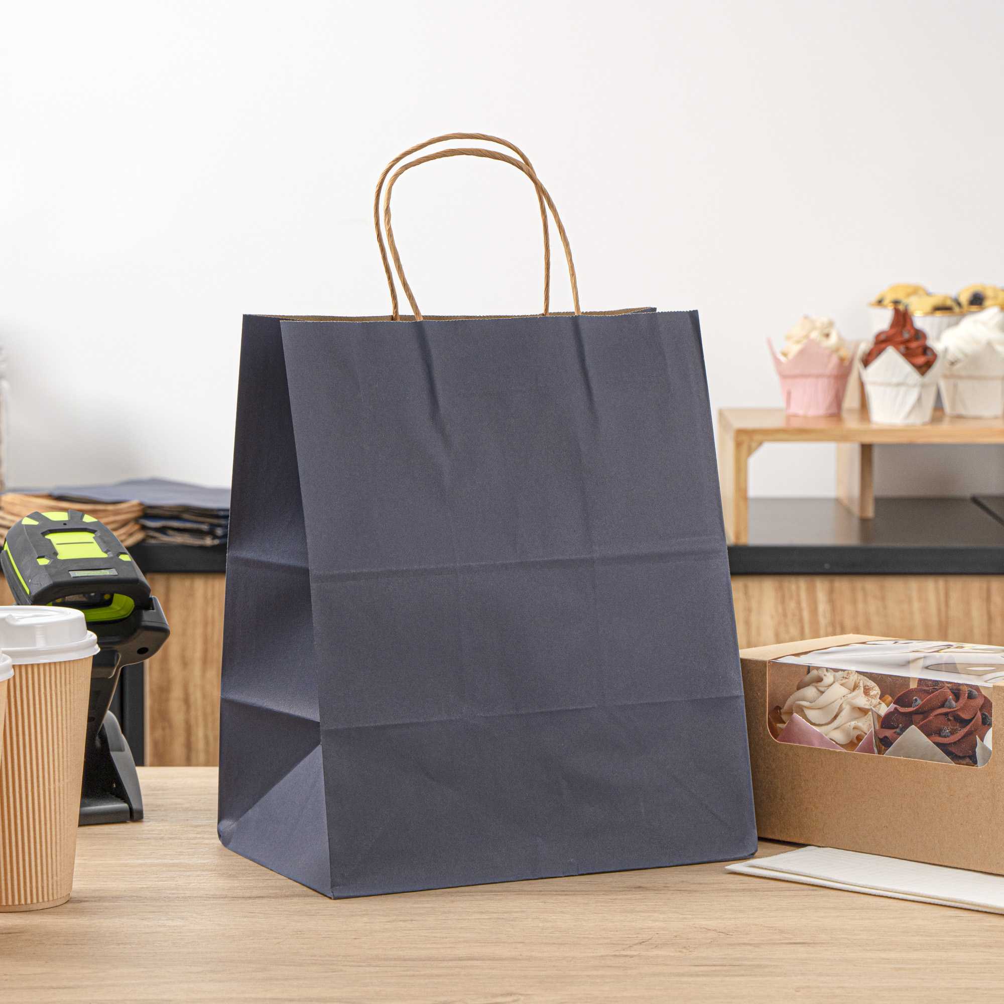 Saving Nature Dark Blue Paper Medium Retail Bag - with Handles - 10" x 6 3/4" x 12" - 100 count box