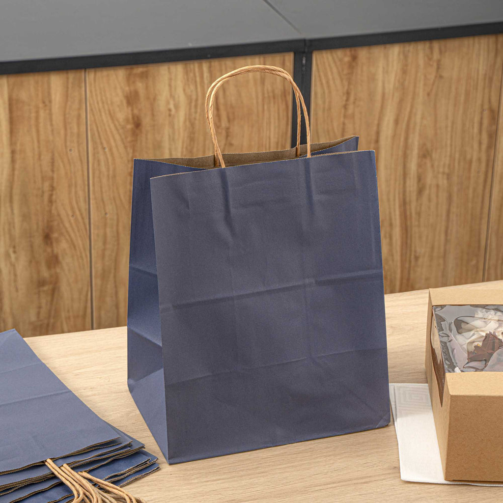 Saving Nature Dark Blue Paper Medium Retail Bag - with Handles - 10" x 6 3/4" x 12" - 100 count box