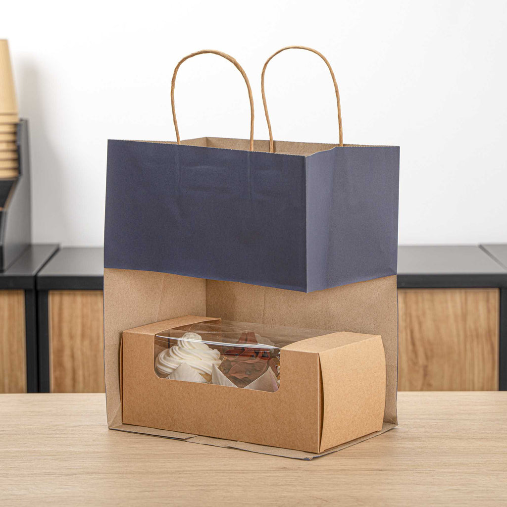 Saving Nature Dark Blue Paper Medium Retail Bag - with Handles - 10" x 6 3/4" x 12" - 100 count box