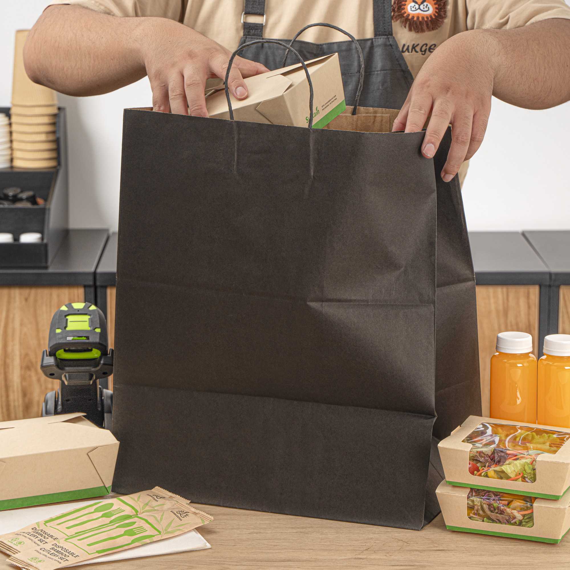 Saving Nature Black Paper Large Retail Bag - with Handles - 16" x 9 3/4" x 17 1/4" - 100 count box