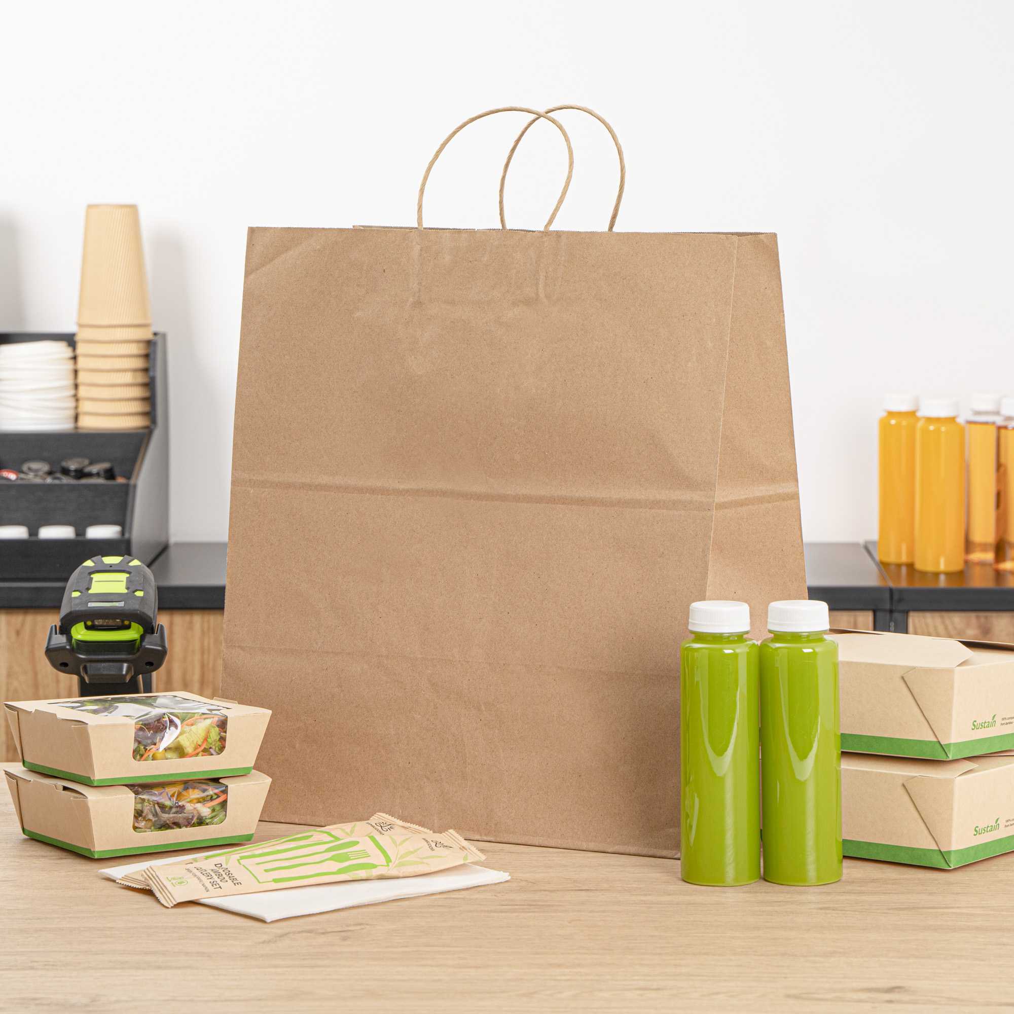 Saving Nature Kraft Paper Large Retail Bag - with Handles - 16" x 9 3/4" x 17 1/4" - 100 count box