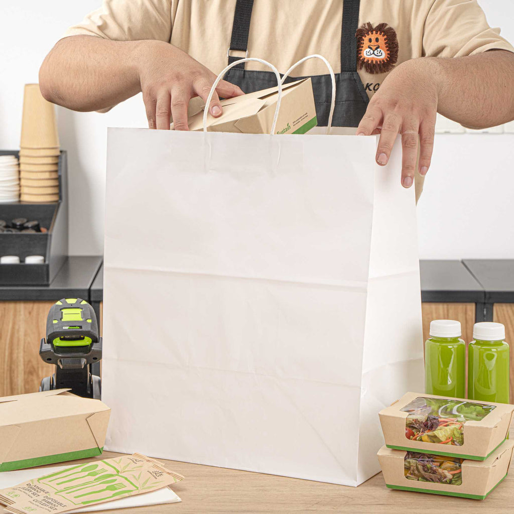 Saving Nature White Paper Large Retail Bag - with Handles - 16" x 9 3/4" x 17 1/4" - 100 count box