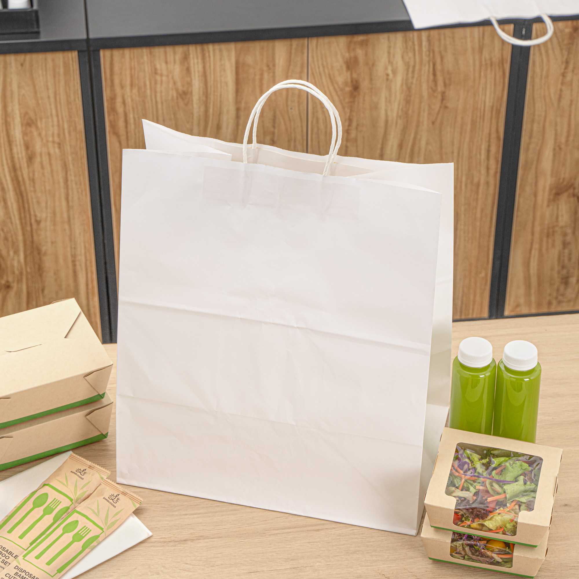 Saving Nature White Paper Large Retail Bag - with Handles - 16" x 9 3/4" x 17 1/4" - 100 count box
