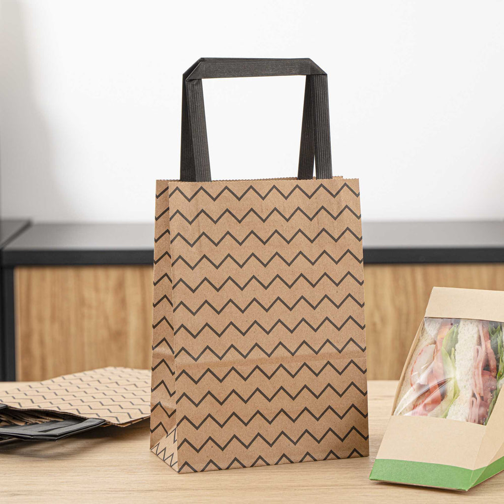 Saving Nature Kraft Paper Small Retail Bag - Black Zig Zag, with Handles - 6" x 3 1/4" x 8 1/4" - 100 count box