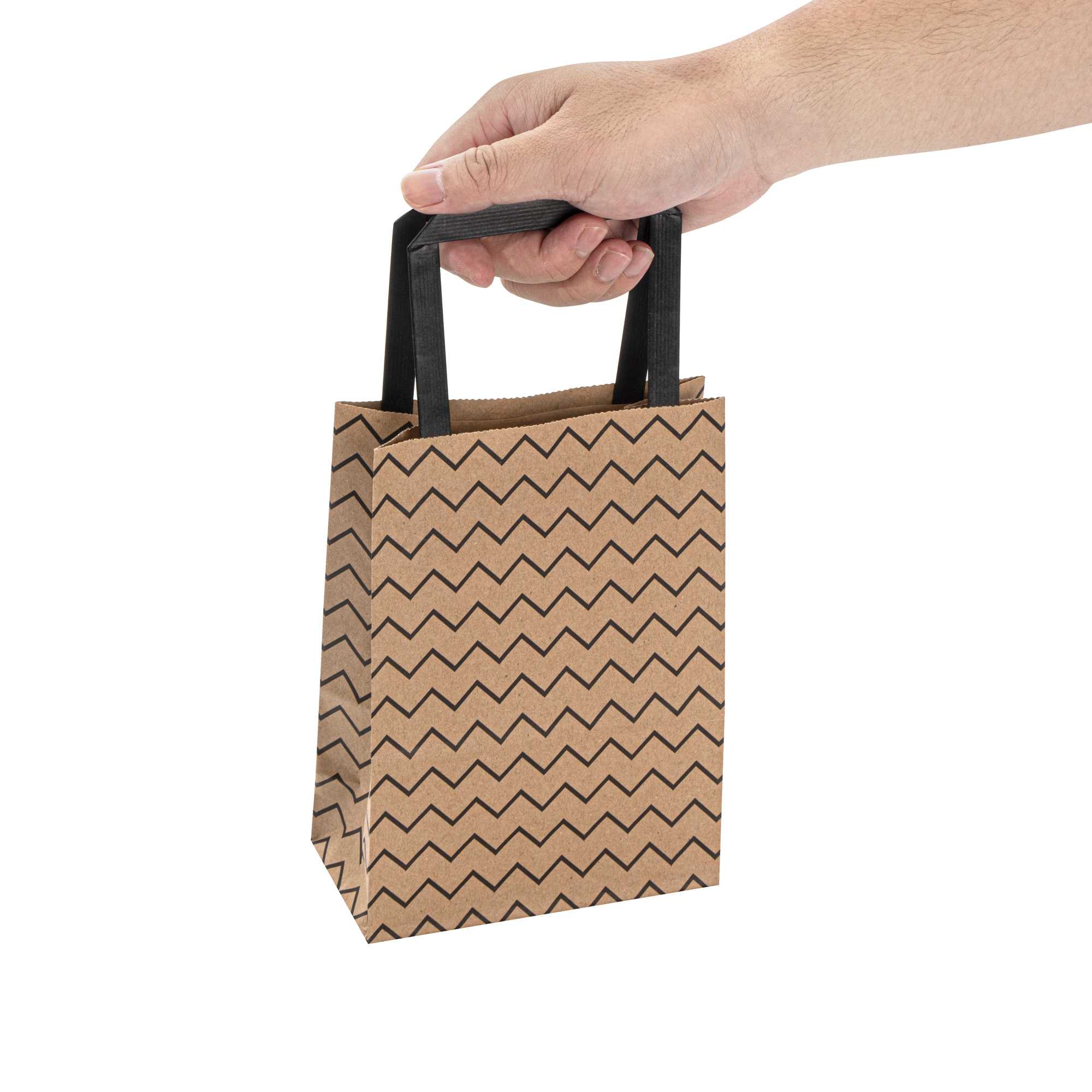 Saving Nature Kraft Paper Small Retail Bag - Black Zig Zag, with Handles - 6" x 3 1/4" x 8 1/4" - 100 count box