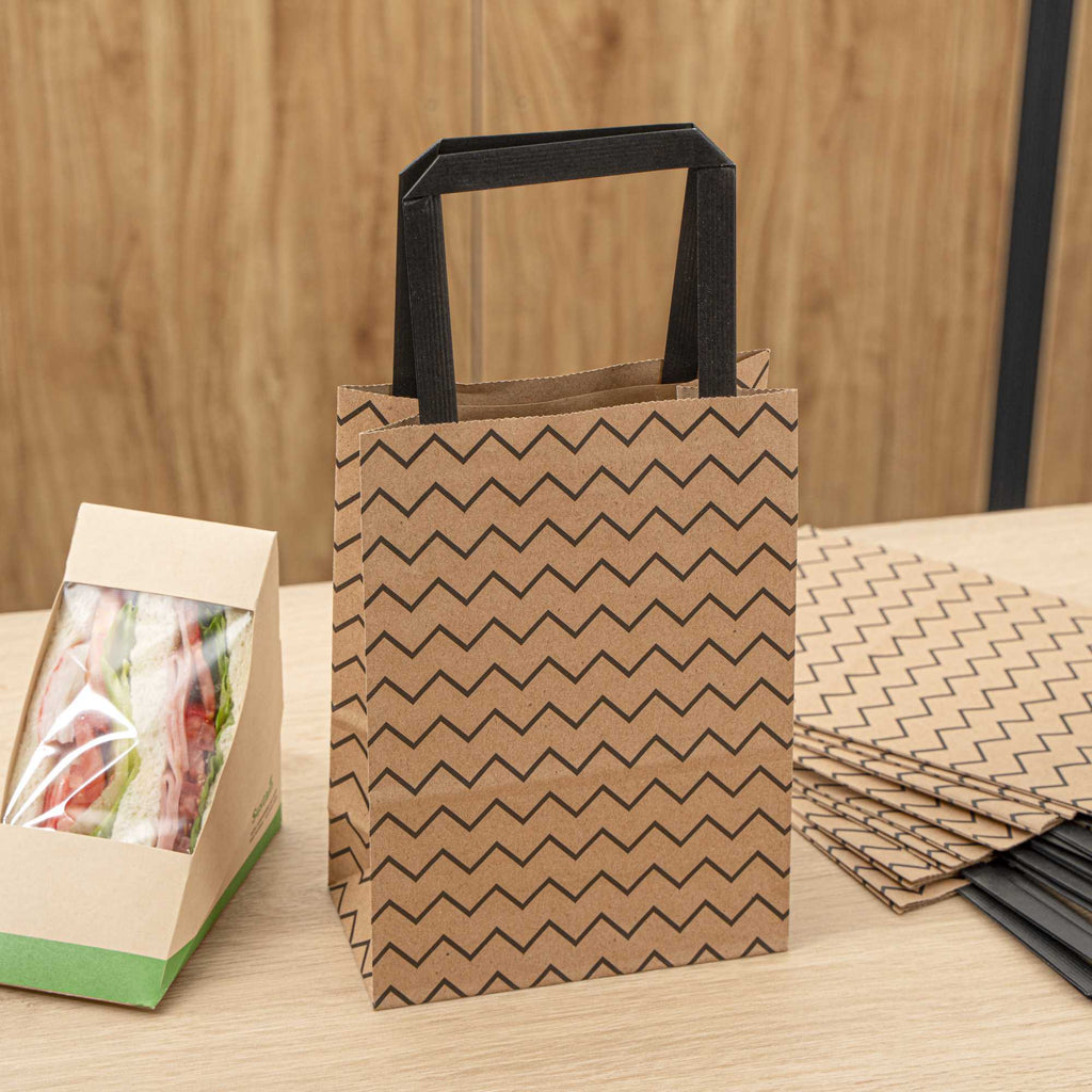 Saving Nature Kraft Paper Small Retail Bag - Black Zig Zag, with Handles - 6" x 3 1/4" x 8 1/4" - 100 count box