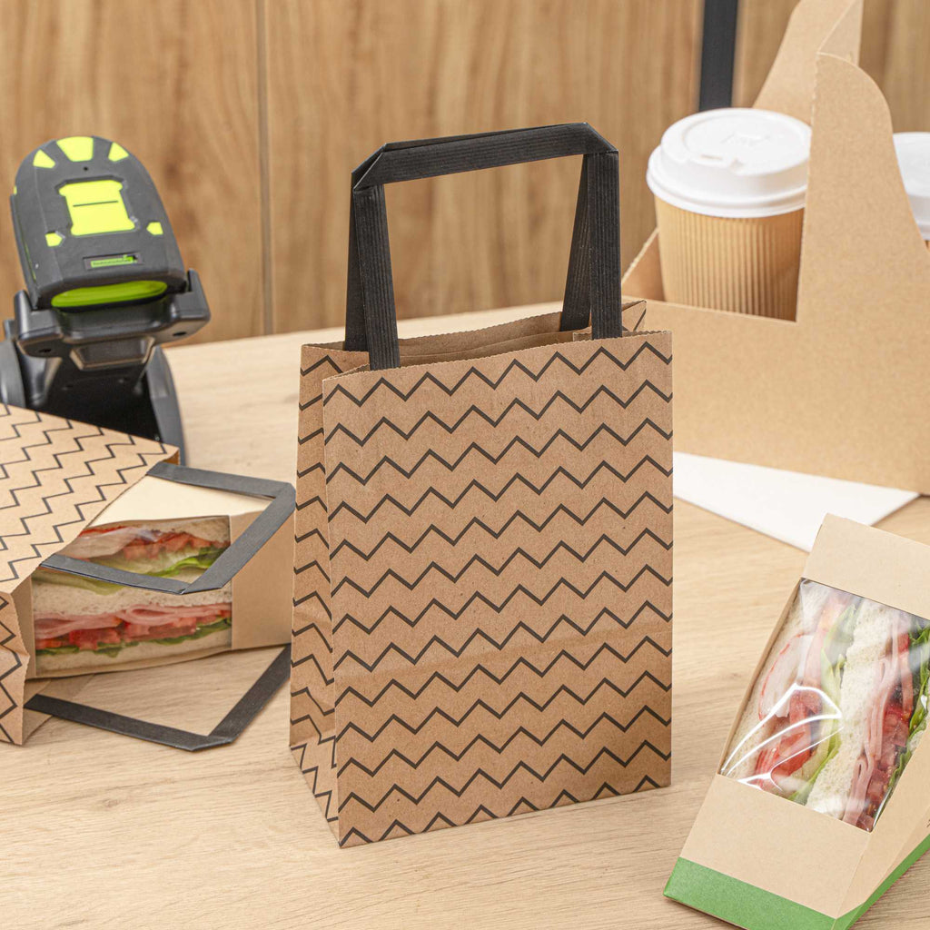 Saving Nature Kraft Paper Small Retail Bag - Black Zig Zag, with Handles - 6" x 3 1/4" x 8 1/4" - 100 count box