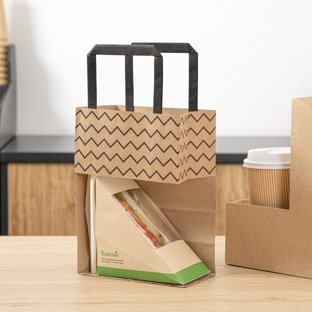 Saving Nature Kraft Paper Small Retail Bag - Black Zig Zag, with Handles - 6" x 3 1/4" x 8 1/4" - 100 count box