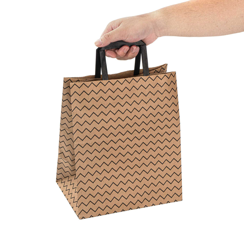 Saving Nature Kraft Paper Medium Retail Bag - Black Zig Zag, with Handles - 10" x 6 3/4" x 12" - 100 count box
