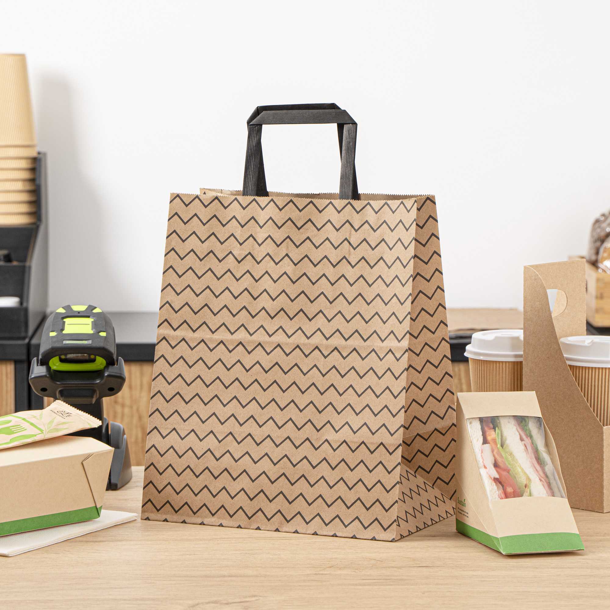Saving Nature Kraft Paper Medium Retail Bag - Black Zig Zag, with Handles - 10" x 6 3/4" x 12" - 100 count box