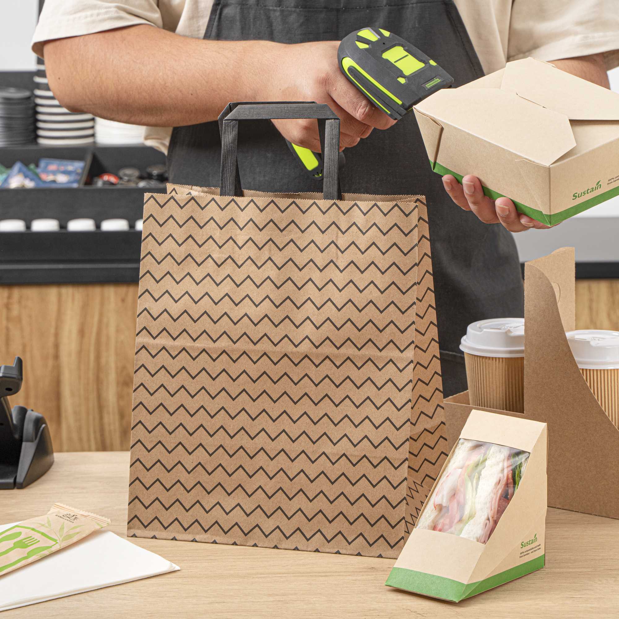 Saving Nature Kraft Paper Medium Retail Bag - Black Zig Zag, with Handles - 10" x 6 3/4" x 12" - 100 count box