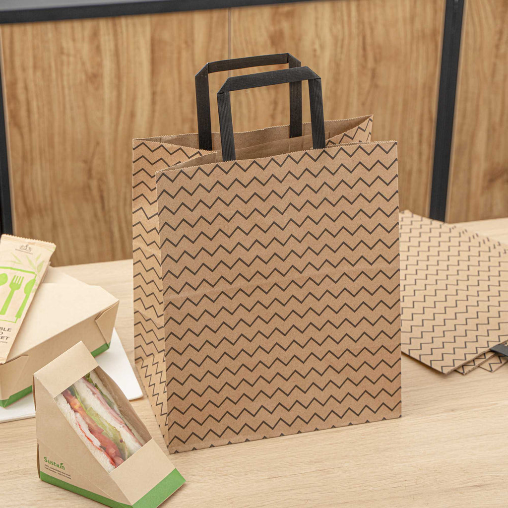 Saving Nature Kraft Paper Medium Retail Bag - Black Zig Zag, with Handles - 10" x 6 3/4" x 12" - 100 count box