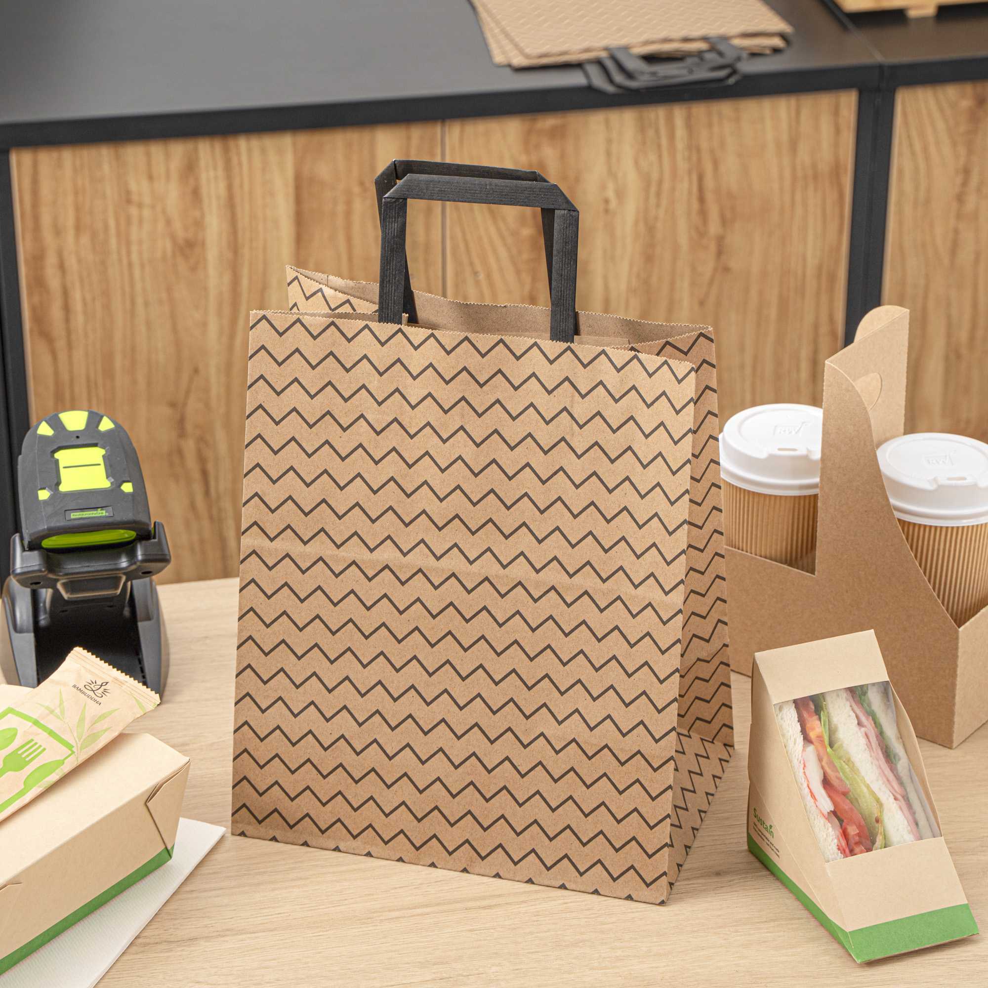 Saving Nature Kraft Paper Medium Retail Bag - Black Zig Zag, with Handles - 10" x 6 3/4" x 12" - 100 count box