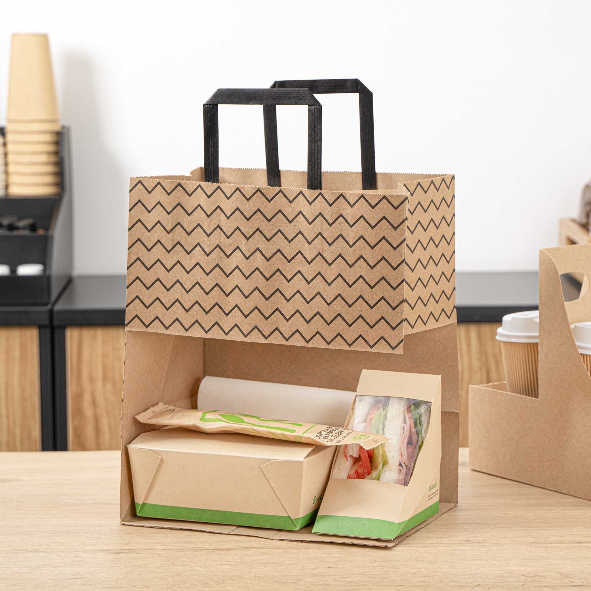 Saving Nature Kraft Paper Medium Retail Bag - Black Zig Zag, with Handles - 10" x 6 3/4" x 12" - 100 count box