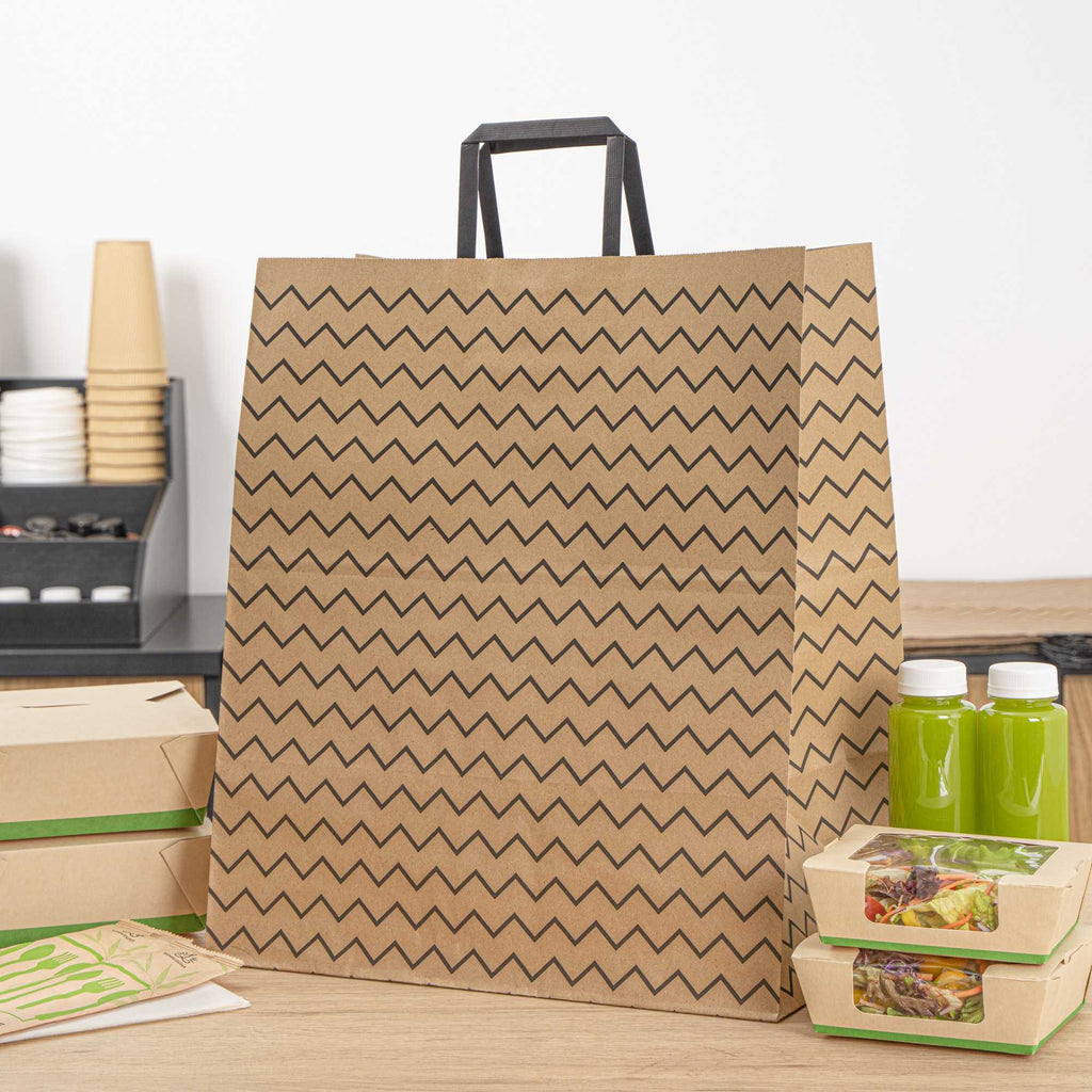Saving Nature Kraft Paper Large Retail Bag - Black Zig Zag, with Handles - 16" x 9 3/4" x 17 1/4" - 100 count box