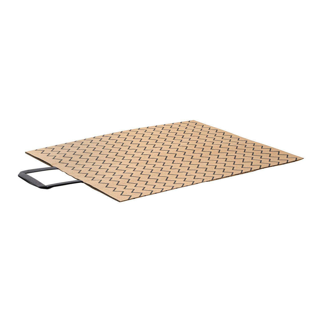 Saving Nature Kraft Paper Large Retail Bag - Black Zig Zag, with Handles - 16" x 9 3/4" x 17 1/4" - 100 count box