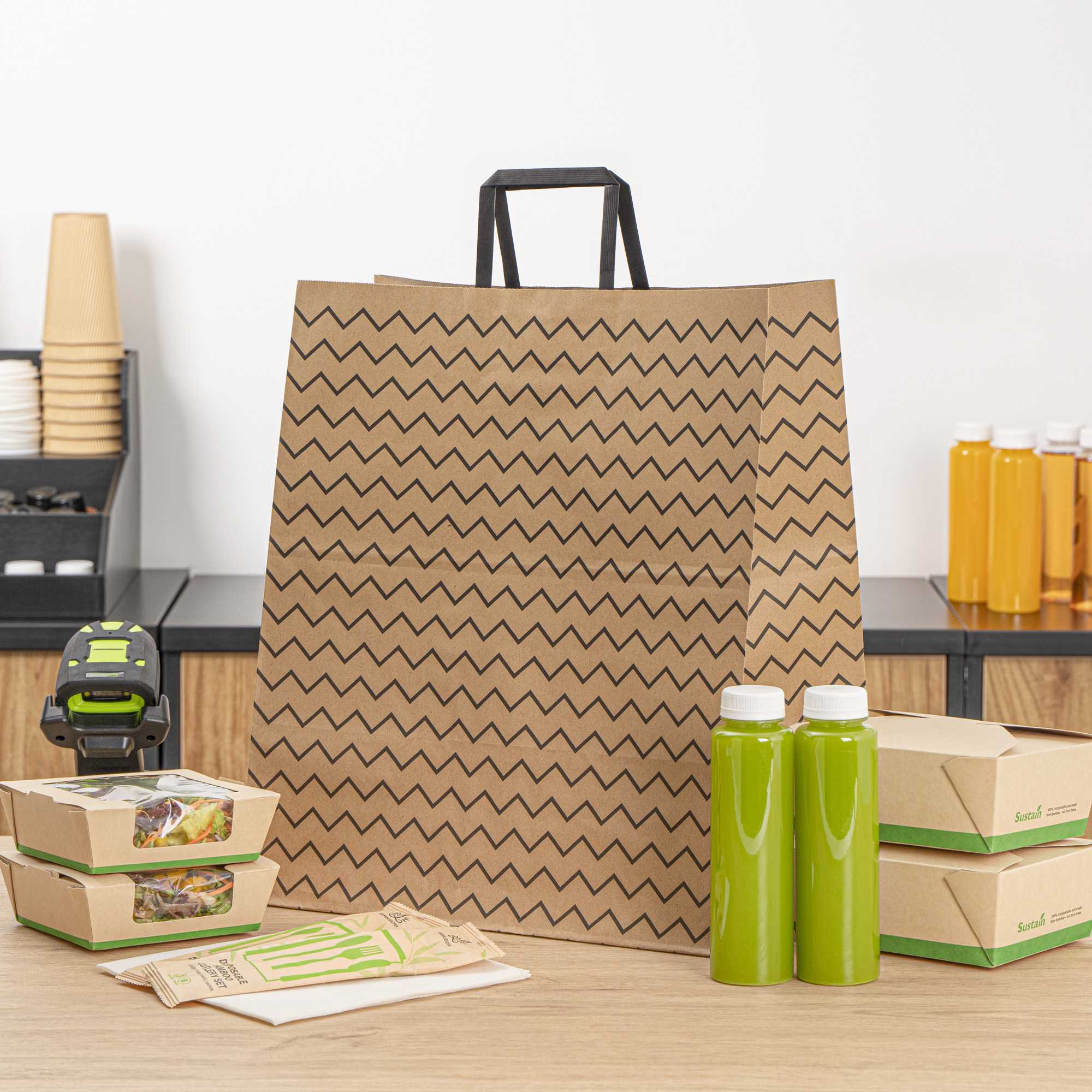 Saving Nature Kraft Paper Large Retail Bag - Black Zig Zag, with Handles - 16" x 9 3/4" x 17 1/4" - 100 count box