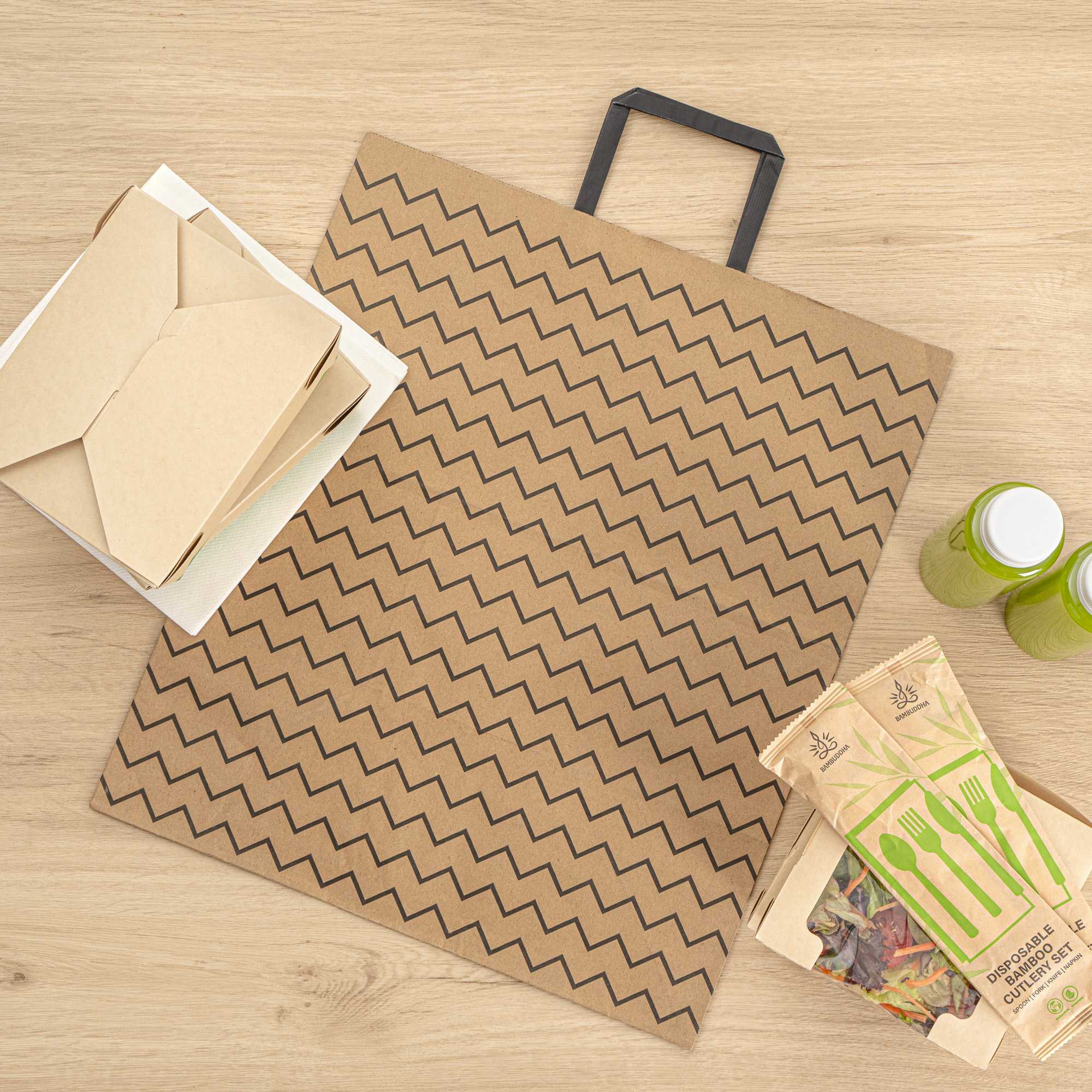 Saving Nature Kraft Paper Large Retail Bag - Black Zig Zag, with Handles - 16" x 9 3/4" x 17 1/4" - 100 count box