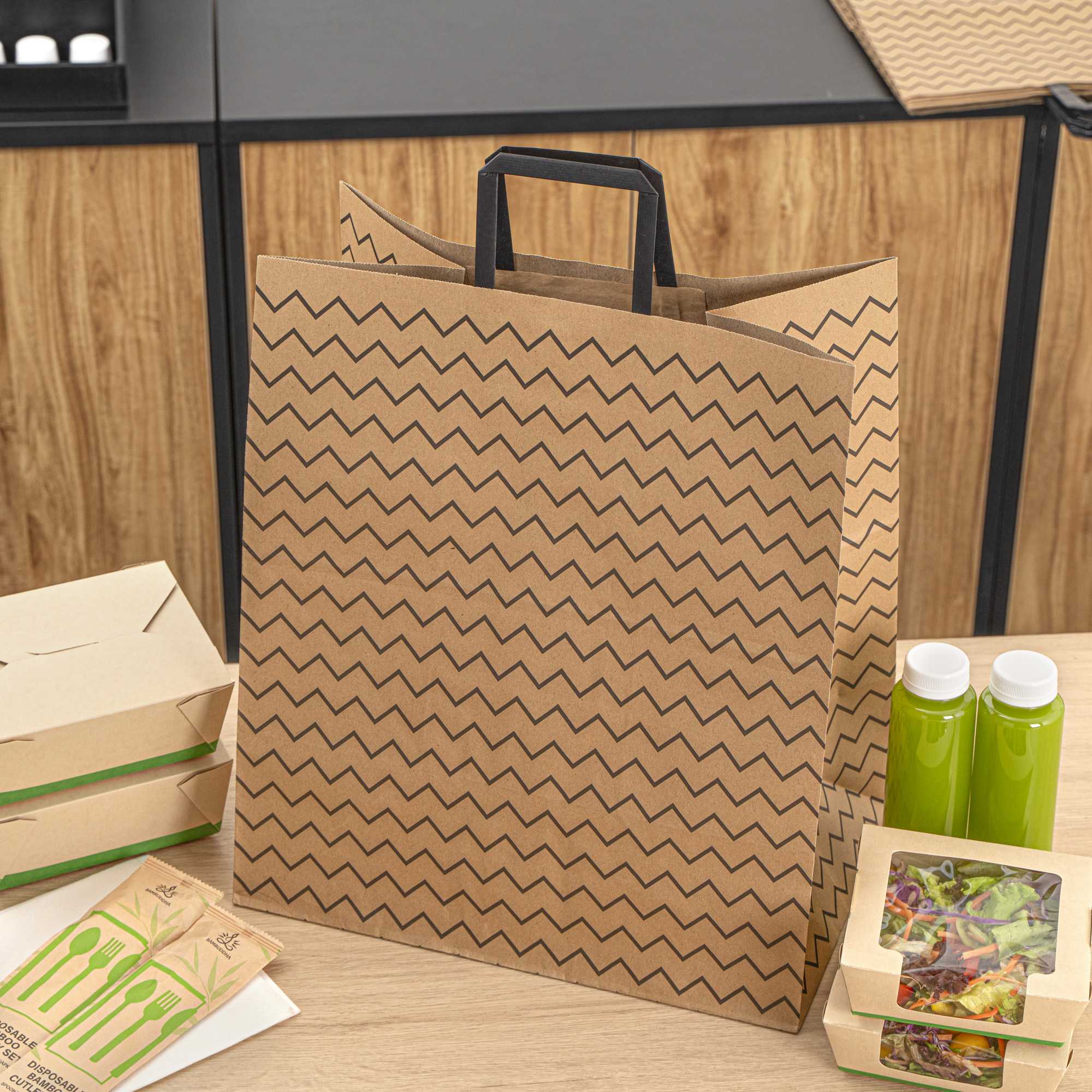 Saving Nature Kraft Paper Large Retail Bag - Black Zig Zag, with Handles - 16" x 9 3/4" x 17 1/4" - 100 count box
