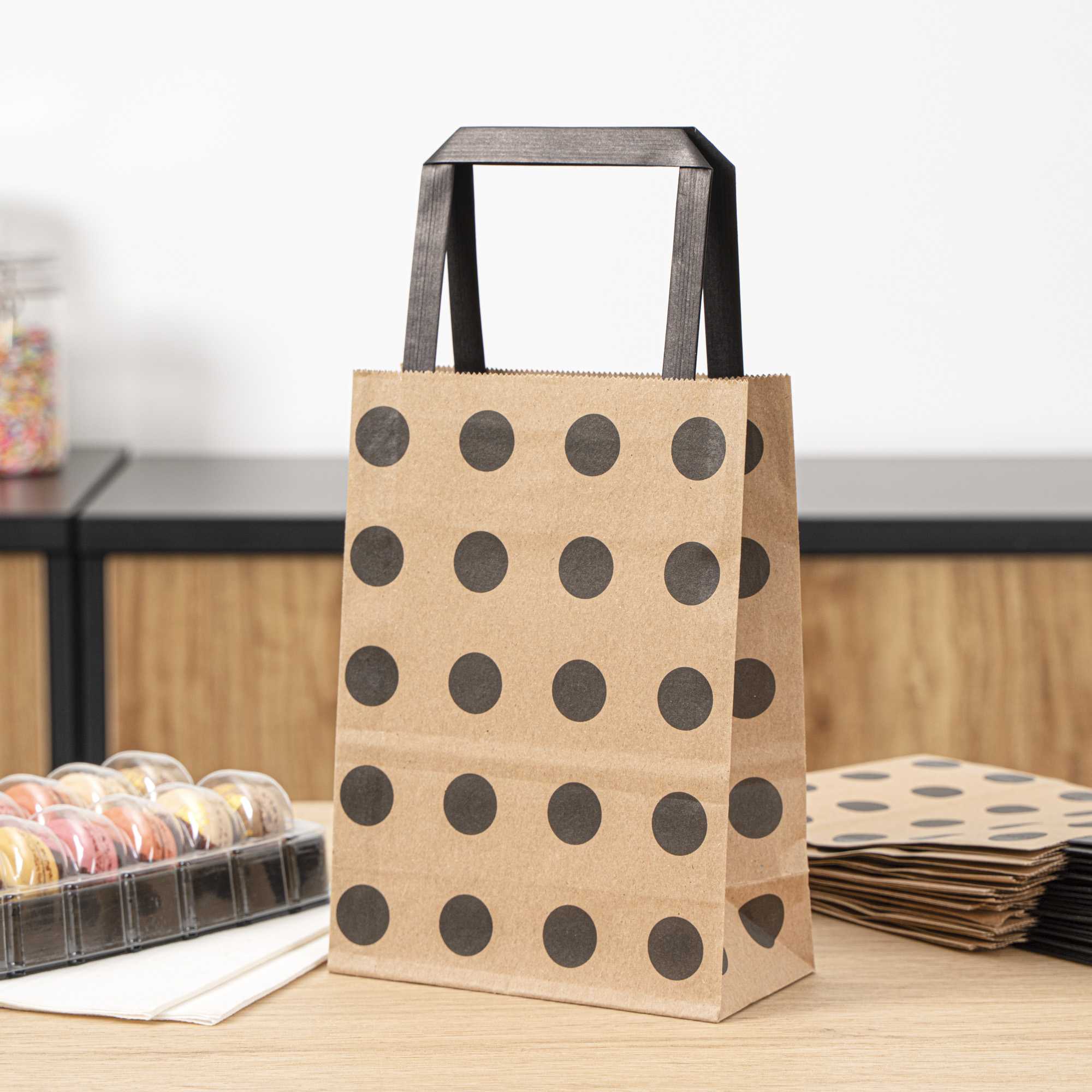 Saving Nature Kraft Paper Small Retail Bag - Black Polka Dot, with Handles - 6" x 3 1/4" x 8 1/4" - 100 count box