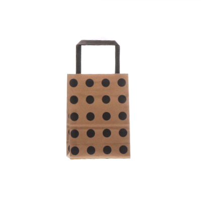Saving Nature Kraft Paper Small Retail Bag - Black Polka Dot, with Handles - 6" x 3 1/4" x 8 1/4" - 100 count box