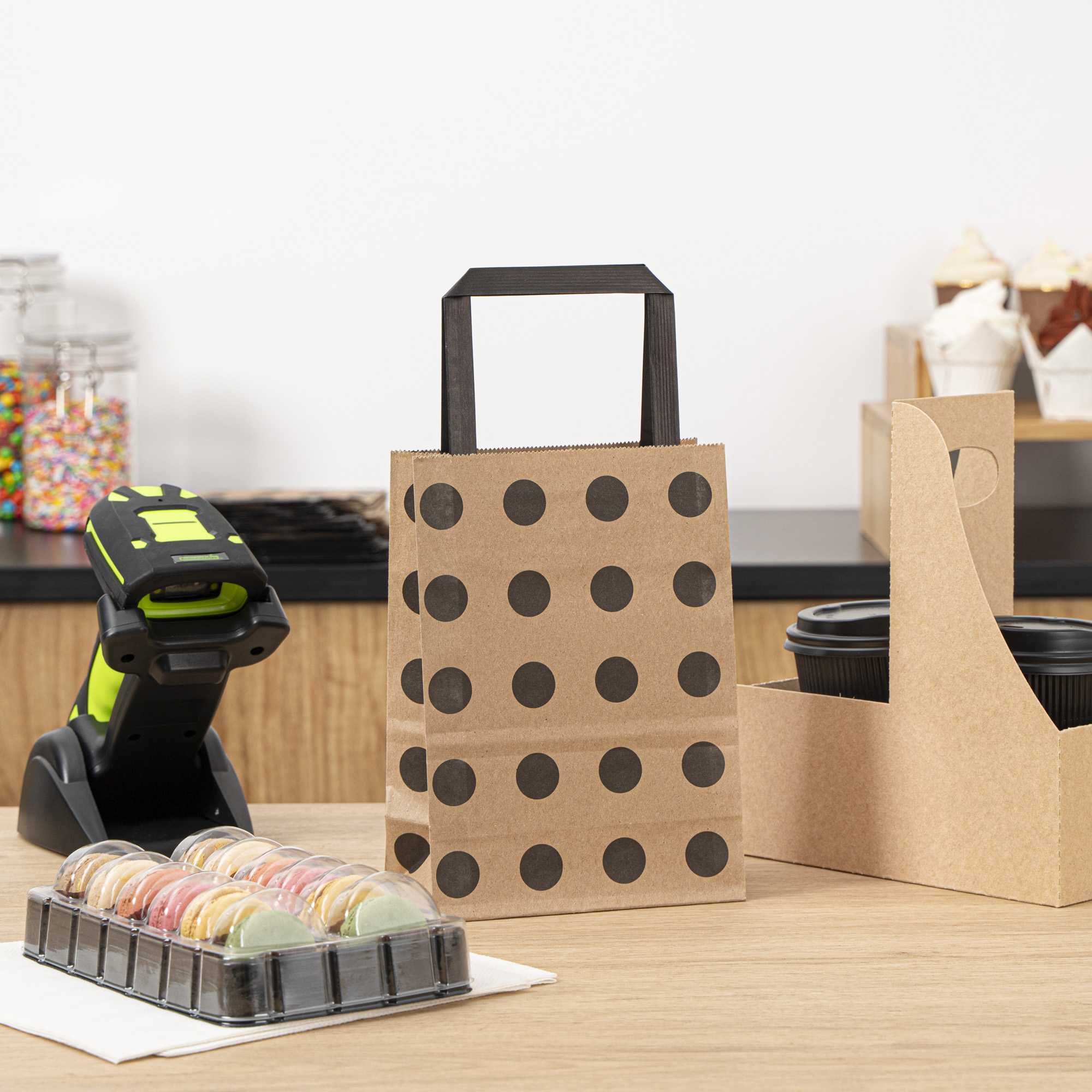 Saving Nature Kraft Paper Small Retail Bag - Black Polka Dot, with Handles - 6" x 3 1/4" x 8 1/4" - 100 count box