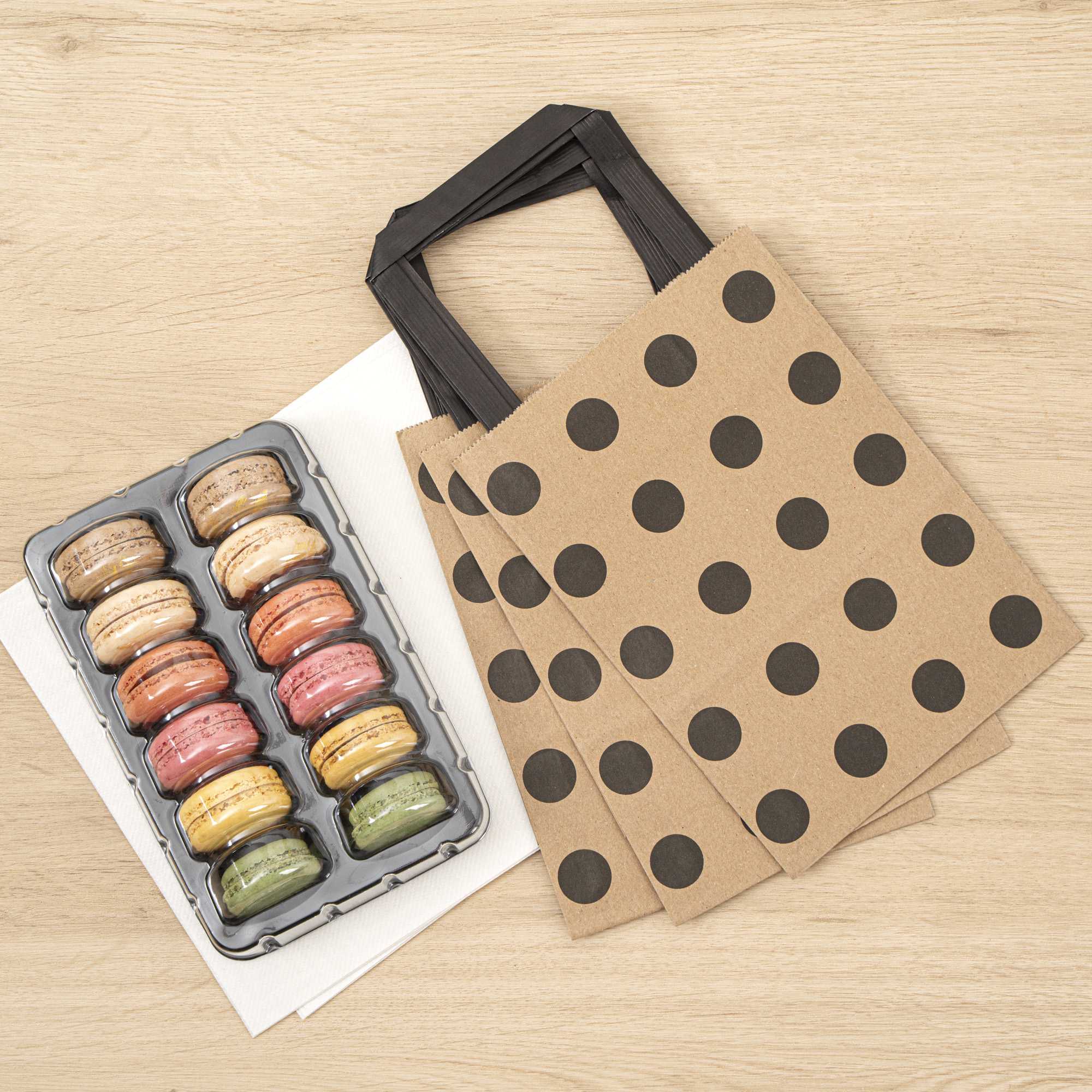 Saving Nature Kraft Paper Small Retail Bag - Black Polka Dot, with Handles - 6" x 3 1/4" x 8 1/4" - 100 count box