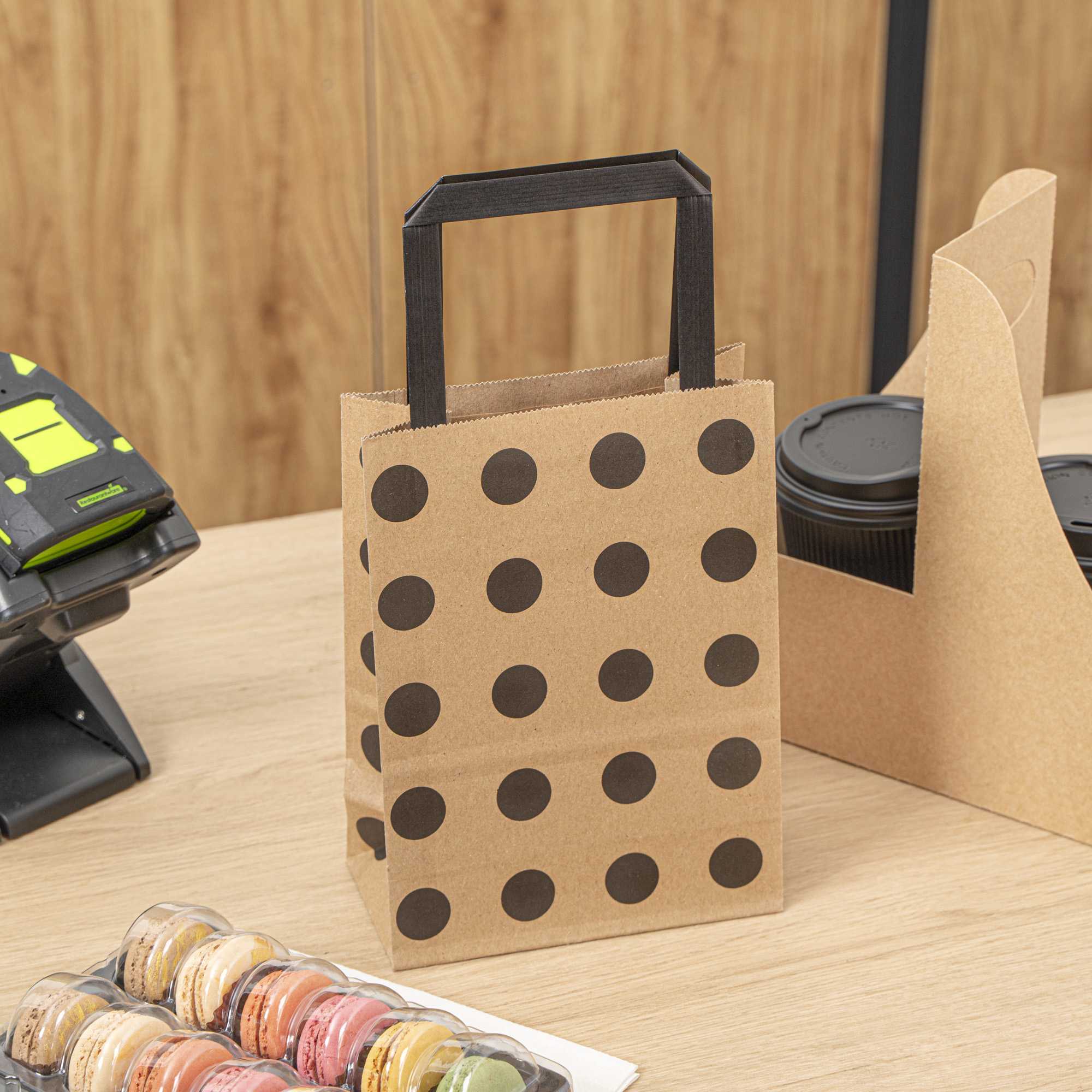 Saving Nature Kraft Paper Small Retail Bag - Black Polka Dot, with Handles - 6" x 3 1/4" x 8 1/4" - 100 count box