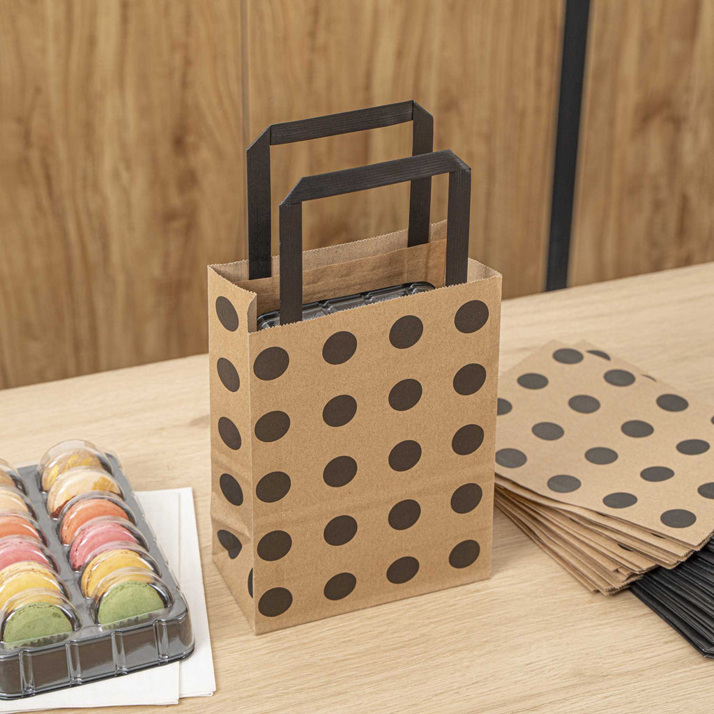 Saving Nature Kraft Paper Small Retail Bag - Black Polka Dot, with Handles - 6" x 3 1/4" x 8 1/4" - 100 count box