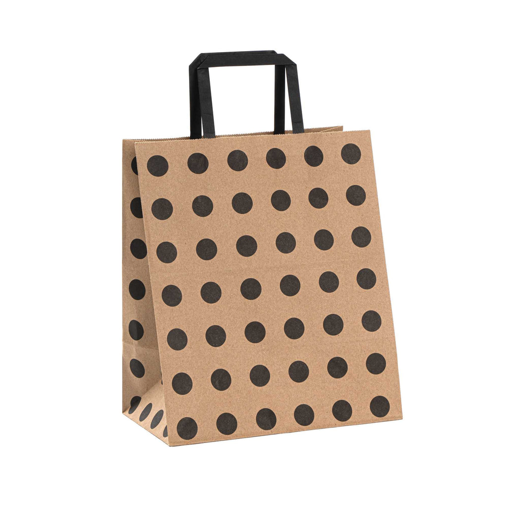 Saving Nature Kraft Paper Medium Retail Bag - Black Polka Dot, with Handles - 10" x 6 3/4" x 12" - 100 count box