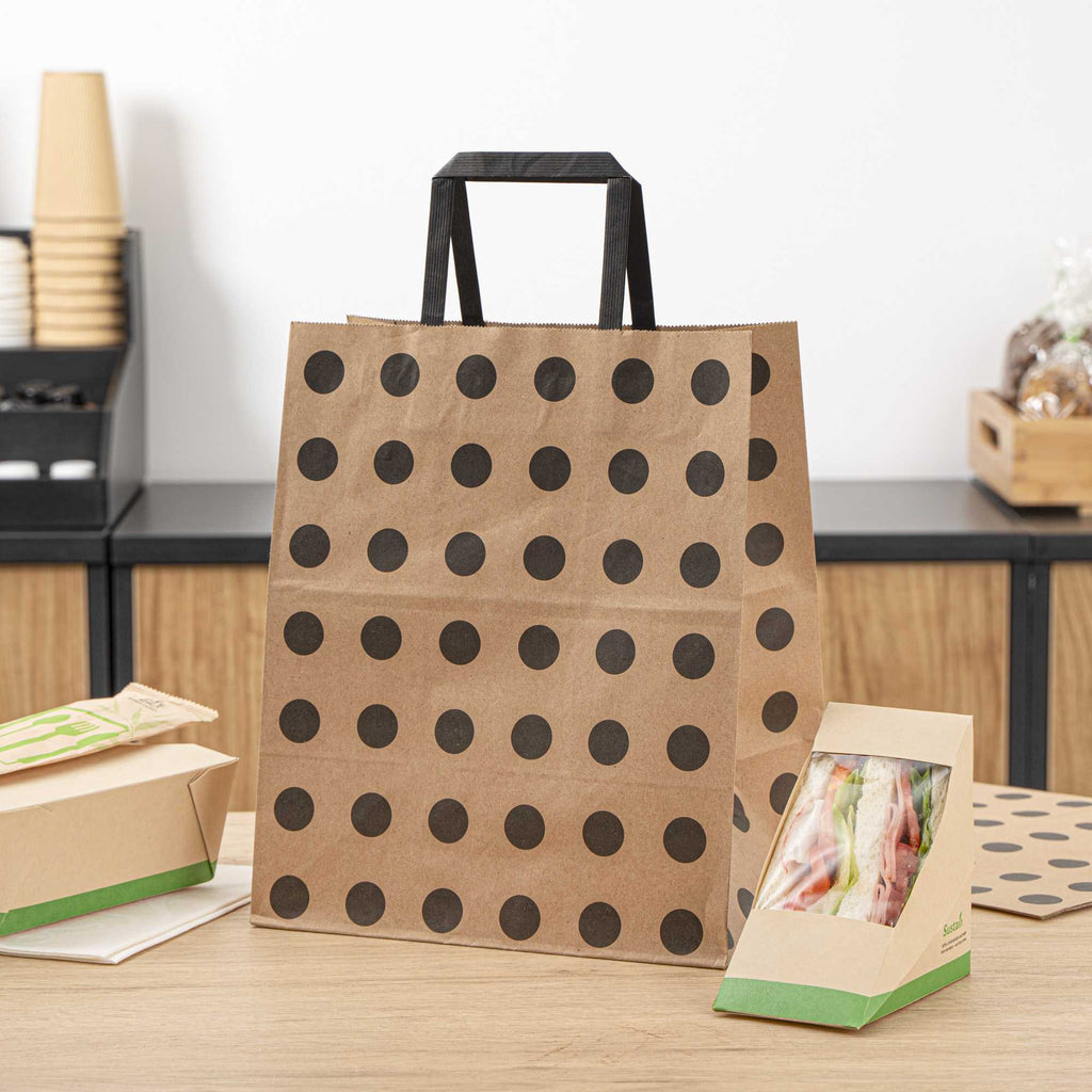 Saving Nature Kraft Paper Medium Retail Bag - Black Polka Dot, with Handles - 10" x 6 3/4" x 12" - 100 count box
