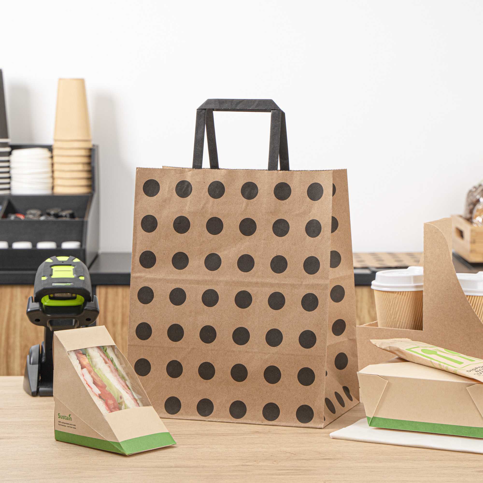 Saving Nature Kraft Paper Medium Retail Bag - Black Polka Dot, with Handles - 10" x 6 3/4" x 12" - 100 count box