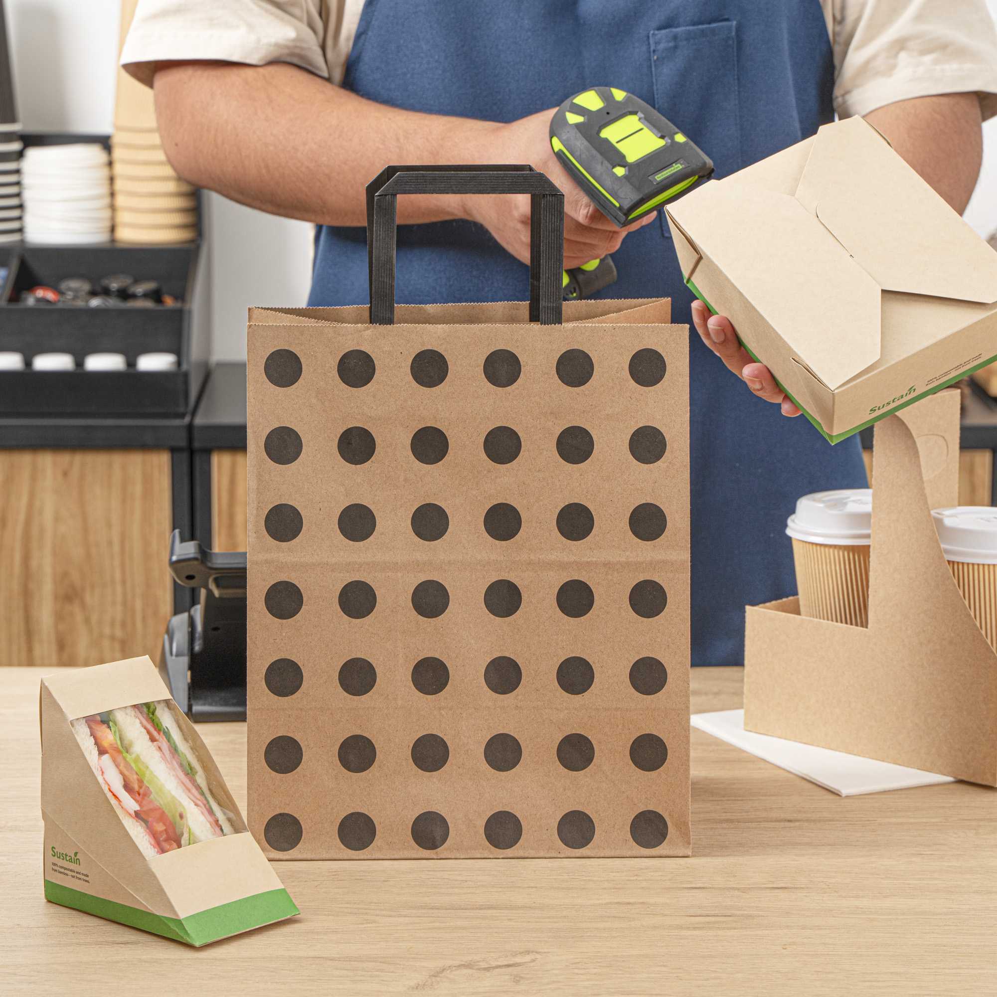 Saving Nature Kraft Paper Medium Retail Bag - Black Polka Dot, with Handles - 10" x 6 3/4" x 12" - 100 count box
