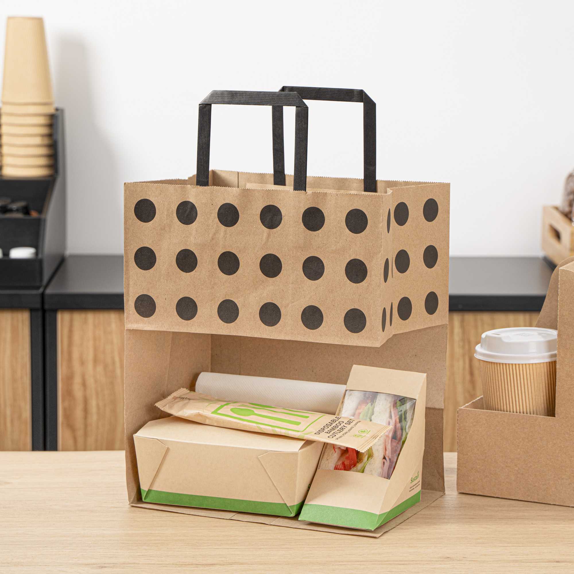Saving Nature Kraft Paper Medium Retail Bag - Black Polka Dot, with Handles - 10" x 6 3/4" x 12" - 100 count box