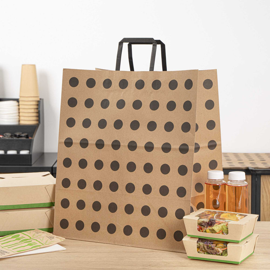 Saving Nature Kraft Paper Large Retail Bag - Black Polka Dot, with Handles - 16" x 9 3/4" x 17 1/4" - 100 count box