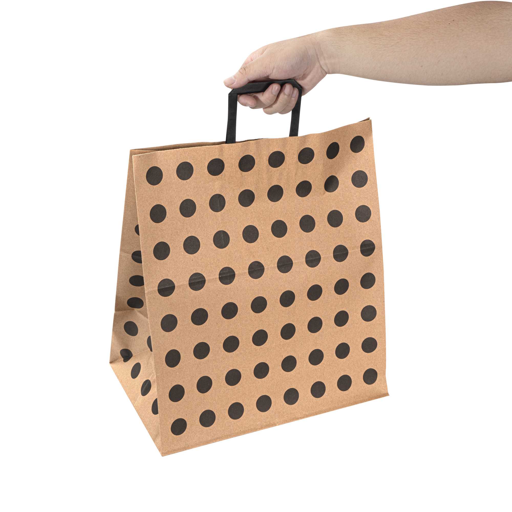 Saving Nature Kraft Paper Large Retail Bag - Black Polka Dot, with Handles - 16" x 9 3/4" x 17 1/4" - 100 count box