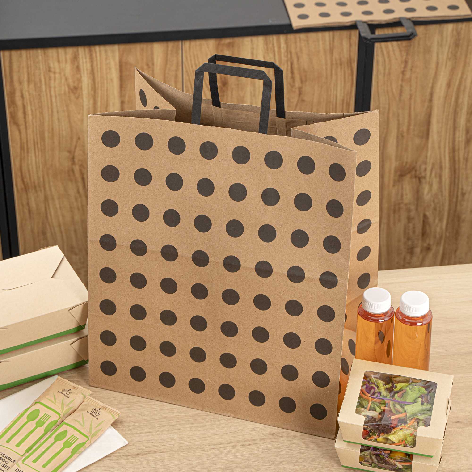 Saving Nature Kraft Paper Large Retail Bag - Black Polka Dot, with Handles - 16" x 9 3/4" x 17 1/4" - 100 count box