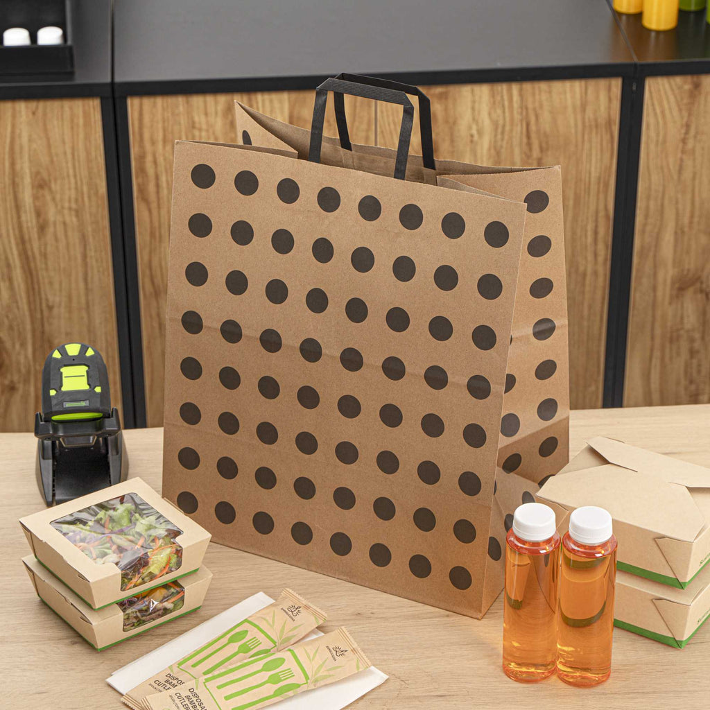 Saving Nature Kraft Paper Large Retail Bag - Black Polka Dot, with Handles - 16" x 9 3/4" x 17 1/4" - 100 count box