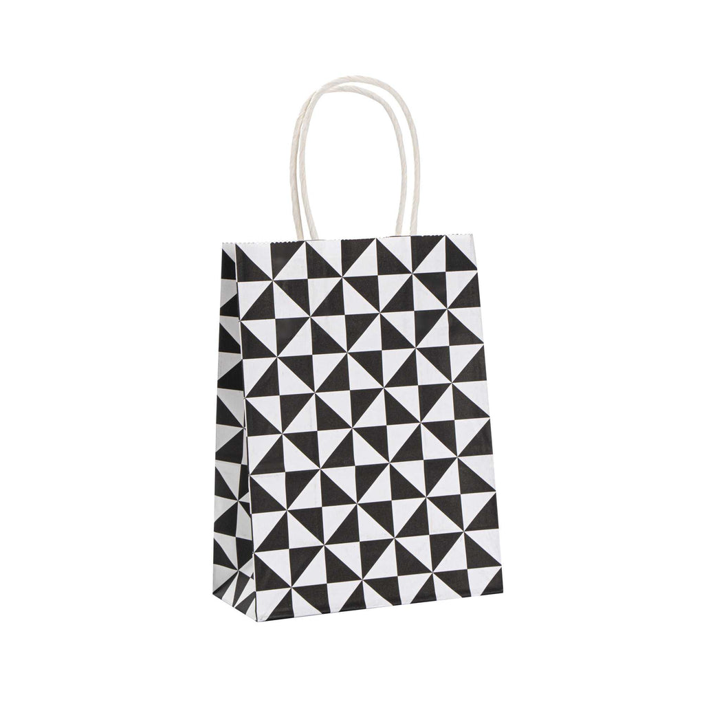 Vogue White Paper Small Shopping Bag - Black Geo Print, with Handles - 6" x 3 1/4" x 8 1/4" - 100 count box