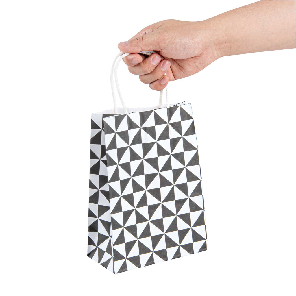 Vogue White Paper Small Shopping Bag - Black Geo Print, with Handles - 6" x 3 1/4" x 8 1/4" - 100 count box