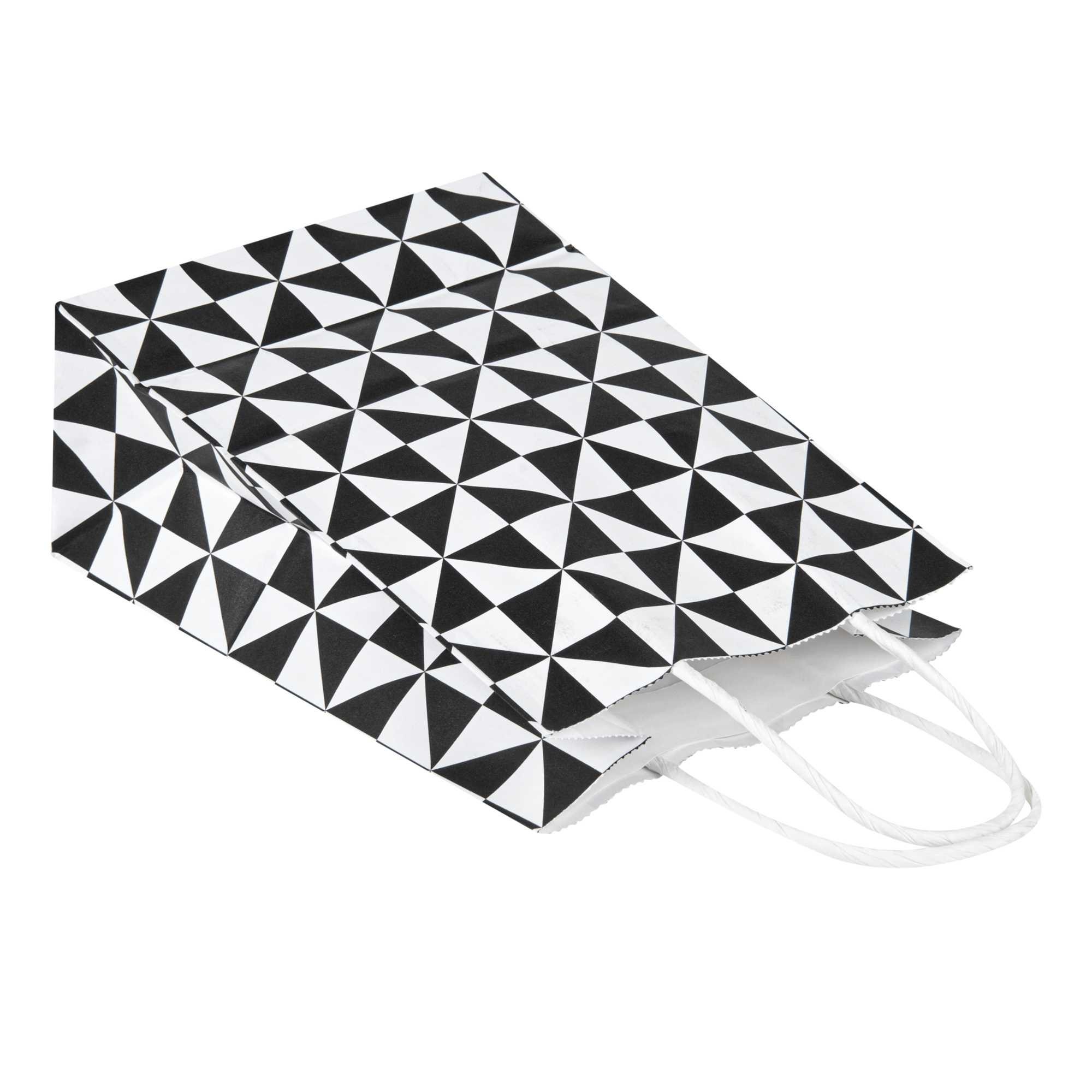 Vogue White Paper Small Shopping Bag - Black Geo Print, with Handles - 6" x 3 1/4" x 8 1/4" - 100 count box