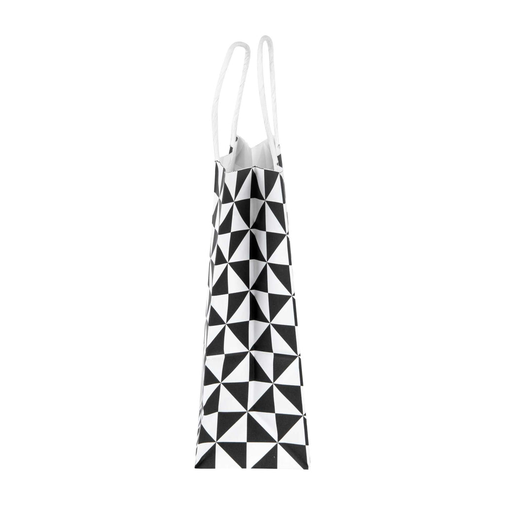 Vogue White Paper Small Shopping Bag - Black Geo Print, with Handles - 6" x 3 1/4" x 8 1/4" - 100 count box