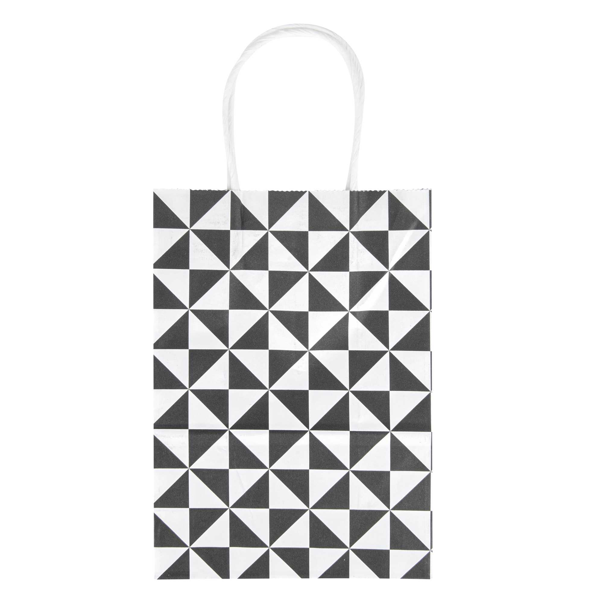 Vogue White Paper Small Shopping Bag - Black Geo Print, with Handles - 6" x 3 1/4" x 8 1/4" - 100 count box