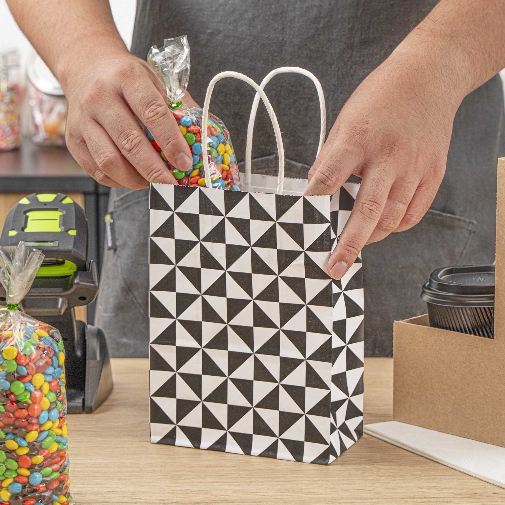Vogue White Paper Small Shopping Bag - Black Geo Print, with Handles - 6" x 3 1/4" x 8 1/4" - 100 count box