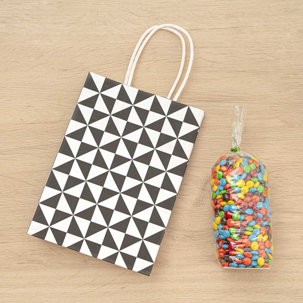 Vogue White Paper Small Shopping Bag - Black Geo Print, with Handles - 6" x 3 1/4" x 8 1/4" - 100 count box
